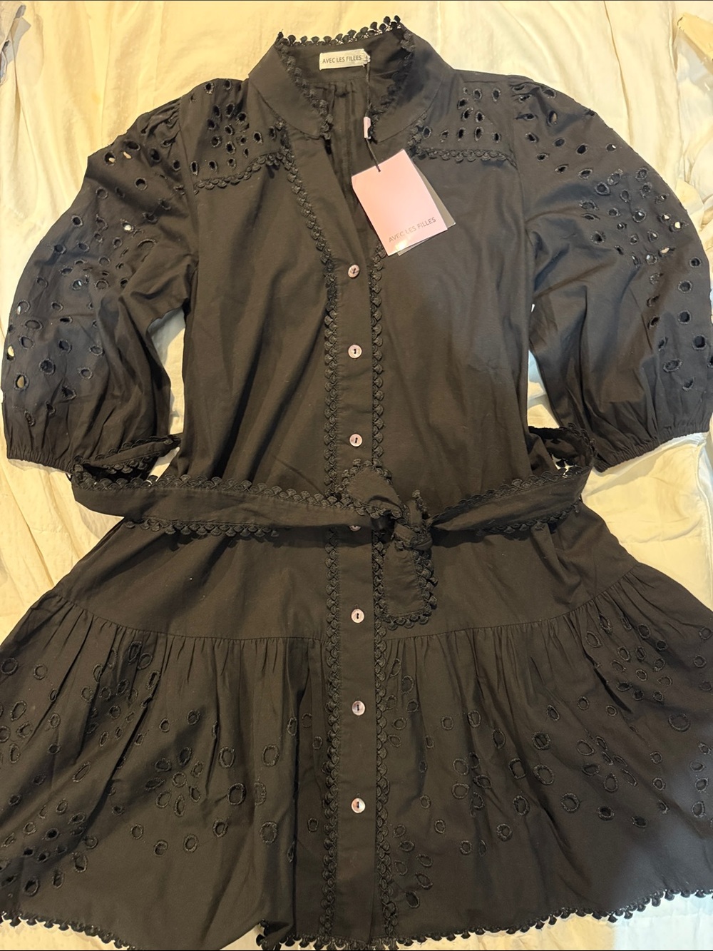 Avec Les Filles Black Eyelet Button-Front Dress with Tie Belt